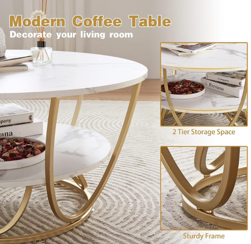 Macklet Round Coffee Table with Gold Metal Base with Marble Look Wooden top Stylish Living Room Center Table with Storage Shelf for Books and Decor (Gold & White) 55 x55 x45 cm