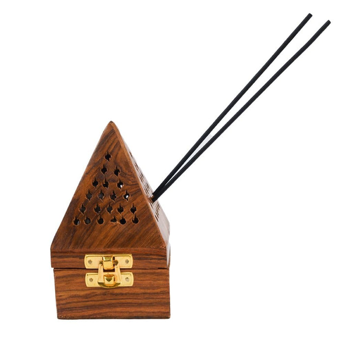 Pakka Sheesham Wood Pyramid Shape Agarbatti Incense Stick Box and Dhoop Stand Ash Catcher Decorative Handicraft Incense Holder - Medium