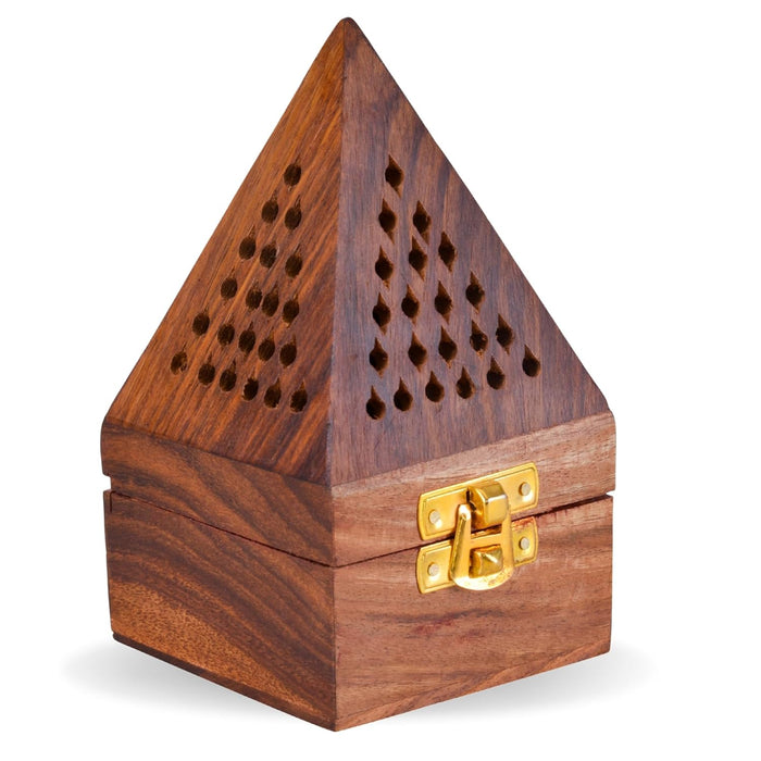 Pakka Sheesham Wood Pyramid Shape Agarbatti Incense Stick Box and Dhoop Stand Ash Catcher Decorative Handicraft Incense Holder - Medium