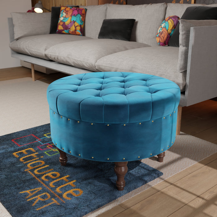 Modern Round Ottoman Footrest Stool for Living Room, Luxurious Button Tufted Coffee Table Ottoman with Solid Wood Legs, Upholstered Cocktail Footstool Center Table