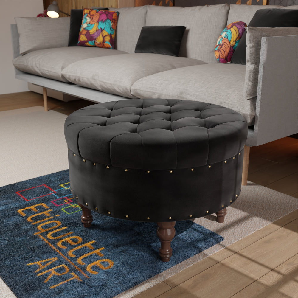 Modern Round Ottoman Footrest Stool for Living Room, Luxurious Button Tufted Coffee Table Ottoman with Solid Wood Legs, Upholstered Cocktail Footstool Center Table