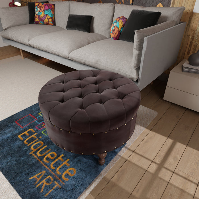 Modern Round Ottoman Footrest Stool for Living Room, Luxurious Button Tufted Coffee Table Ottoman with Solid Wood Legs, Upholstered Cocktail Footstool Center Table