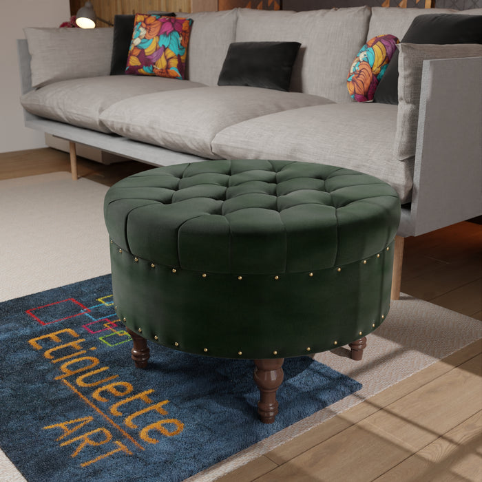 Modern Round Ottoman Footrest Stool for Living Room, Luxurious Button Tufted Coffee Table Ottoman with Solid Wood Legs, Upholstered Cocktail Footstool Center Table