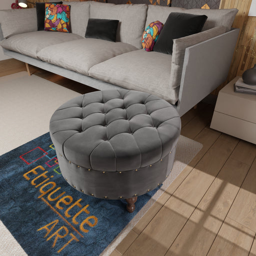 Modern Round Ottoman Footrest Stool for Living Room, Luxurious Button Tufted Coffee Table Ottoman with Solid Wood Legs, Upholstered Cocktail Footstool Center Table