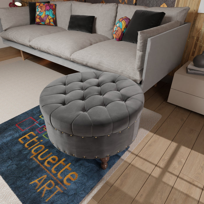 Modern Round Ottoman Footrest Stool for Living Room, Luxurious Button Tufted Coffee Table Ottoman with Solid Wood Legs, Upholstered Cocktail Footstool Center Table