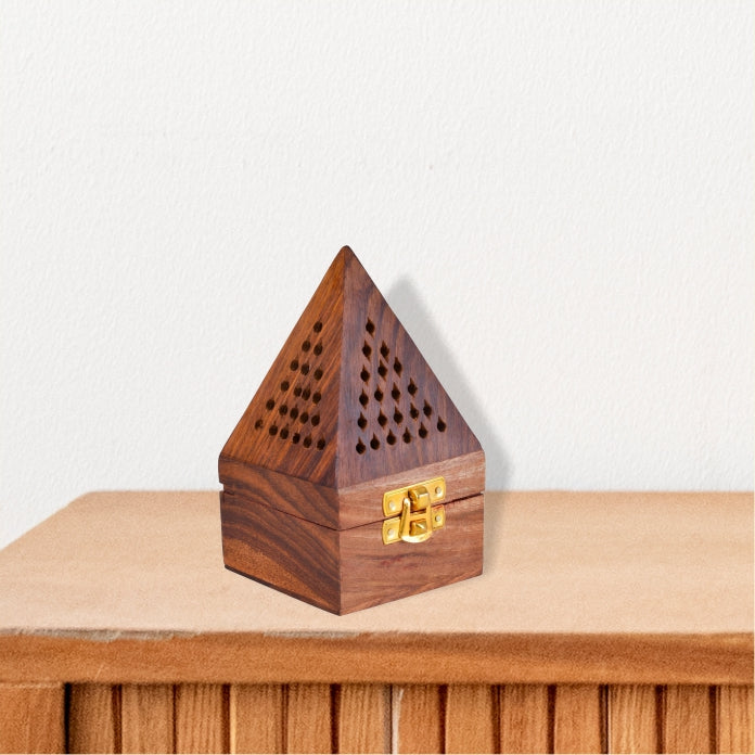 Pakka Sheesham Wood Pyramid Shape Agarbatti Incense Stick Box and Dhoop Stand Ash Catcher Decorative Handicraft Incense Holder - Medium