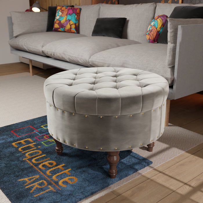 Modern Round Ottoman Footrest Stool for Living Room, Luxurious Button Tufted Coffee Table Ottoman with Solid Wood Legs, Upholstered Cocktail Footstool Center Table