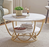 Macklet Round Coffee Table with Gold Metal Base with Marble Look Wooden top Stylish Living Room Center Table with Storage Shelf for Books and Decor (Gold & White) 55 x55 x45 cm