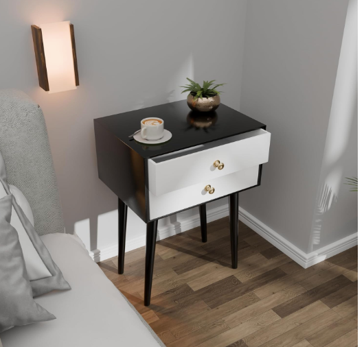 Modern Bedside Table with Solid Wood Legs, Minimalist and Practical End Side Table with Drawer Storage, Easy Assembly