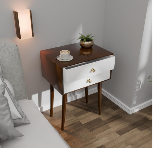 Modern Bedside Table with Solid Wood Legs, Minimalist and Practical End Side Table with Drawer Storage, Easy Assembly
