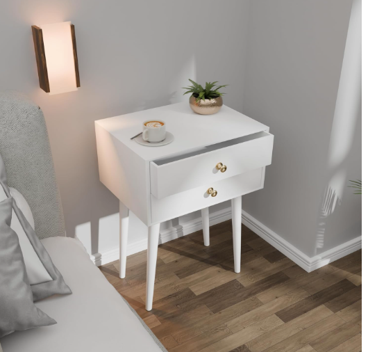 Modern Bedside Table with Solid Wood Legs, Minimalist and Practical End Side Table with Drawer Storage, Easy Assembly