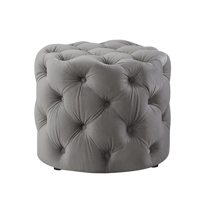 DOE BUCK ROUND TUFTED VELVET OTTAMAN/POUFEE IN GREY