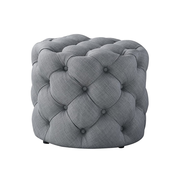 DOE BUCK ROUND TUFTED VELVET OTTAMAN/POUFEE IN  LIGHT GREY