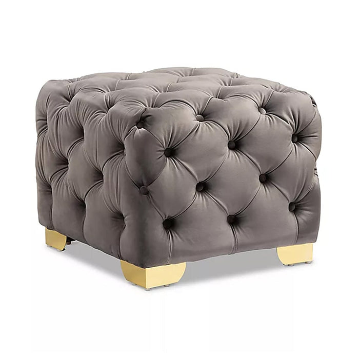 DOE BUCK SQUARE VELVET OTTOMAN/POUFEE IN GREY /GOLD