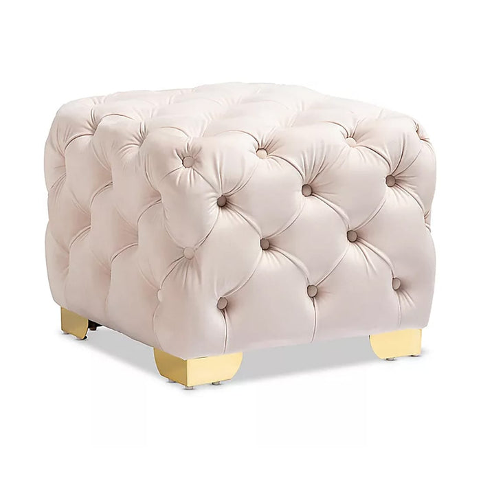 DOE BUCK SQUARE VELVET OTTOMAN/POUFEE IN BEIGE /GOLD