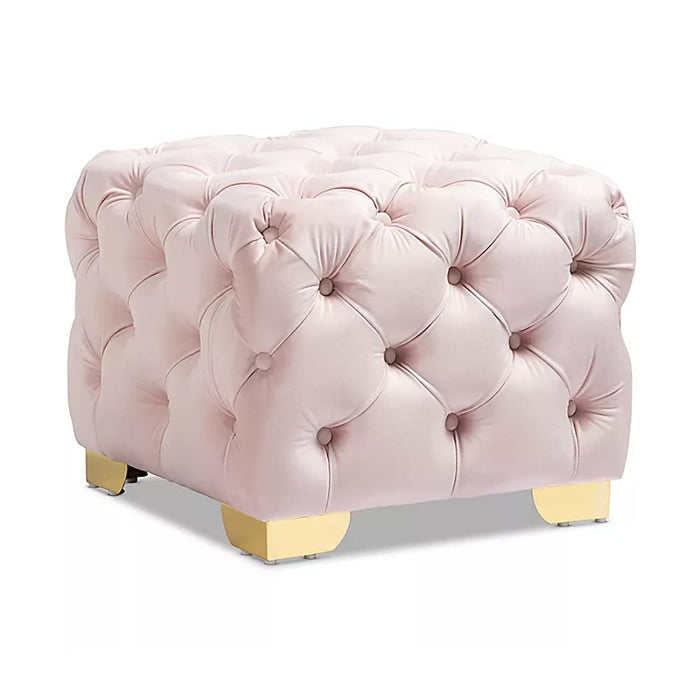 DOE BUCK SQUARE VELVET OTTOMAN/POUFEE IN PINK /GOLD