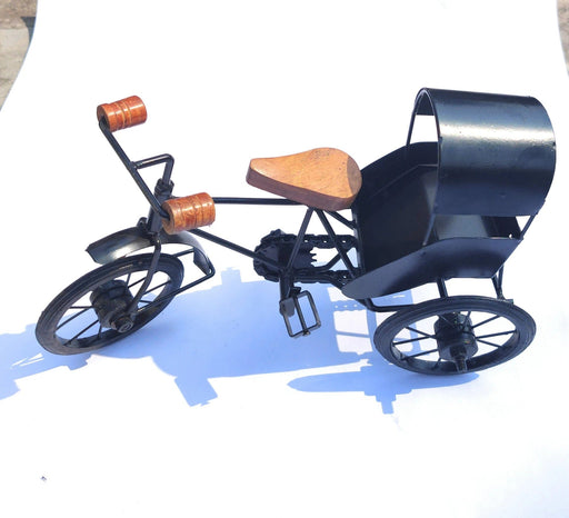 WOODEN AND WROUGHT IRON MINIATURE RICKSHAW, BLACK