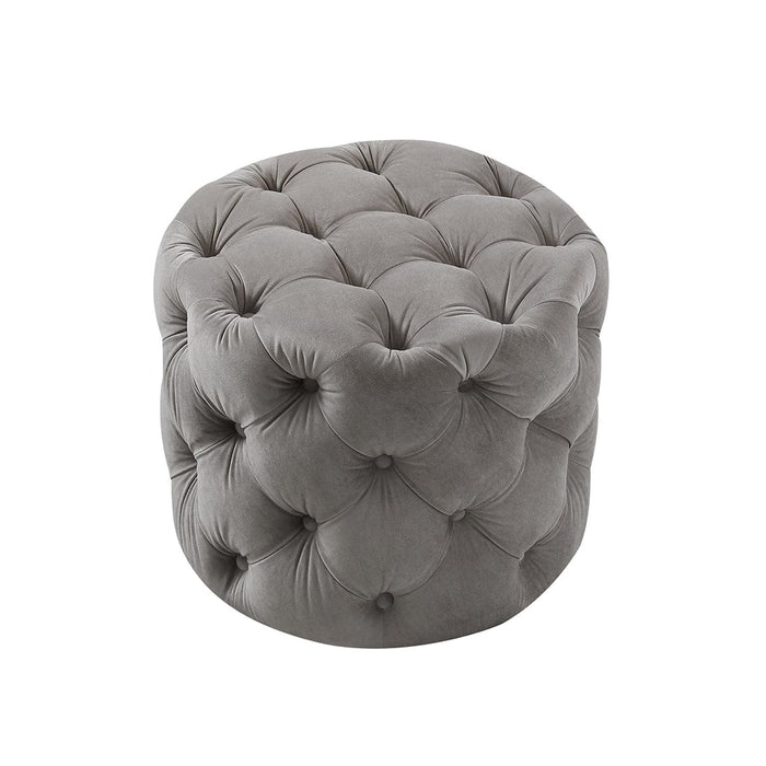 DOE BUCK ROUND TUFTED VELVET OTTAMAN/POUFEE IN GREY