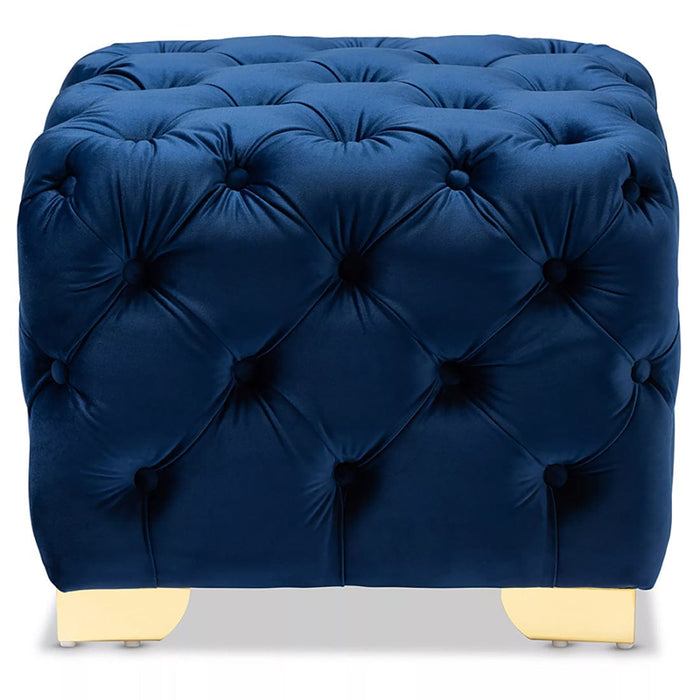 DOE BUCK SQUARE VELVET OTTOMAN/POUFEE IN ROYAL BLUE  /GOLD