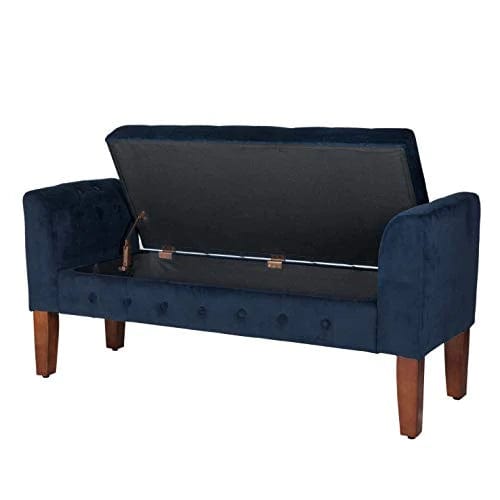 Navy Velvet Storage Bench/Settee Blue Solid Glam Foam Cherry Finish Tufted