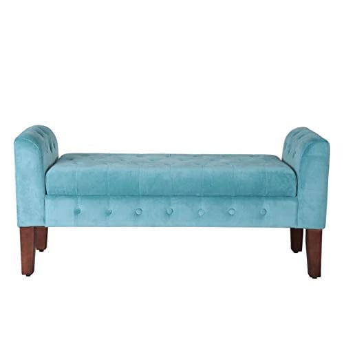 Fabric Velvet Tufted Storage Bench Settee - With Wood Legs, Teal