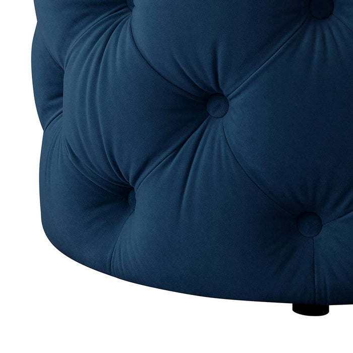 DOE BUCK ROUND TUFTED VELVET OTTAMAN/POUFEE IN ROYAL BLUE