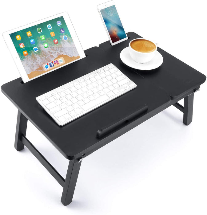 Foldable Laptop Desk Tray, Wooden Breakfast Serving Tray/Study Table with Drawer