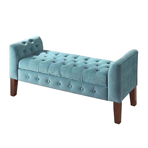 Fabric Velvet Tufted Storage Bench Settee - With Wood Legs, Teal