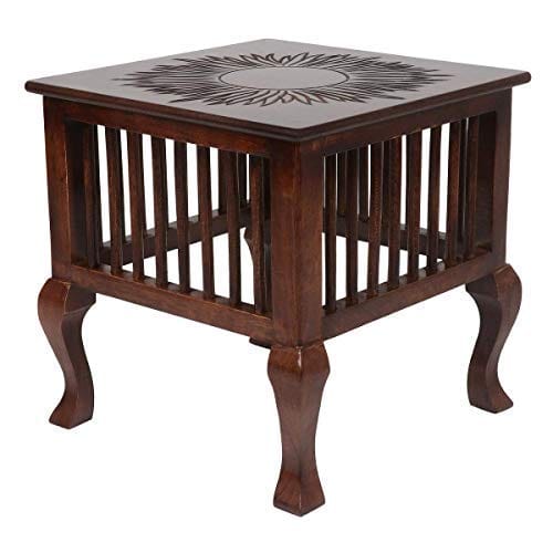 Mango Wood Walnut Finish Handmade Carving Classic Side Table for Living Room (Brown)