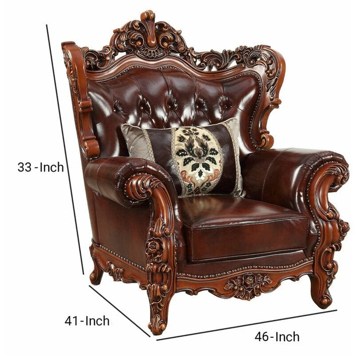 Royal Carved Wide Tufted Arm Chair Sofa (Teak Wood, Dark Brown)