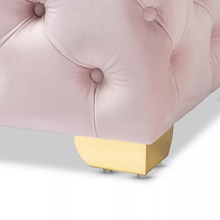 DOE BUCK SQUARE VELVET OTTOMAN/POUFEE IN BEIGE /GOLD