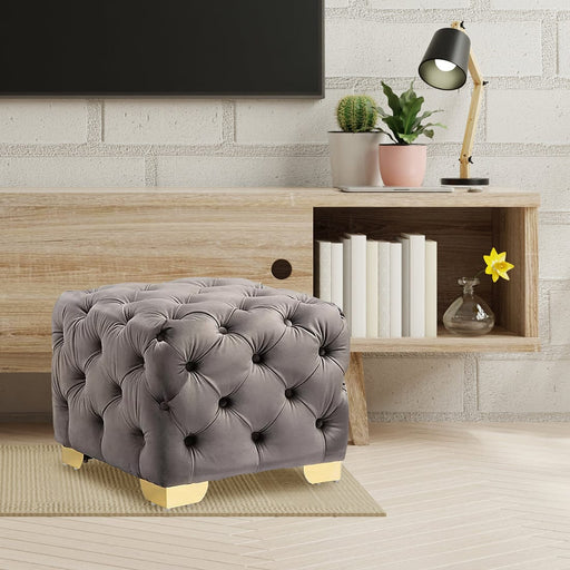 DOE BUCK SQUARE VELVET OTTOMAN/POUFEE IN GREY /GOLD