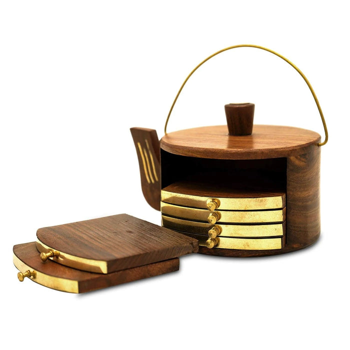 SHEESHAM WOOD KETTLE SHAPE COASTERS  (  SET OF 6 ) FOR TEA CUPS/COFFEE CUPS