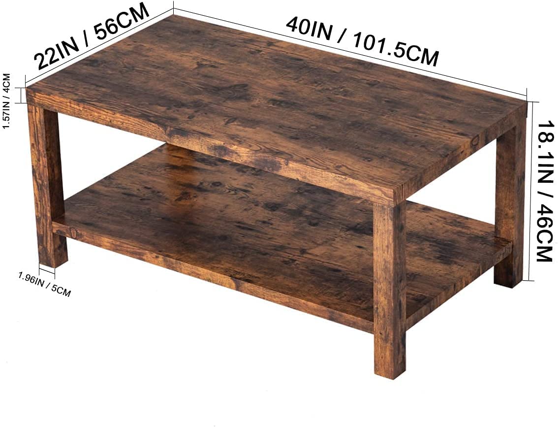 Rustic Farmhouse Coffee Table, Living Room Table with Storage Shelf, Two-Tier Coffee Table for Living Room