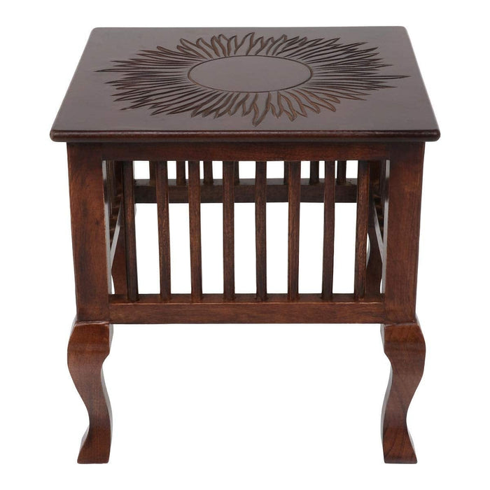 Mango Wood Walnut Finish Handmade Carving Classic Side Table for Living Room (Brown)