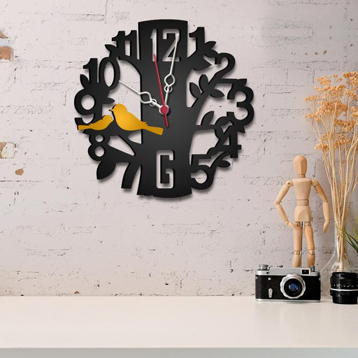 Black Tree Shape with Yellow birds Wooden Wall Clock