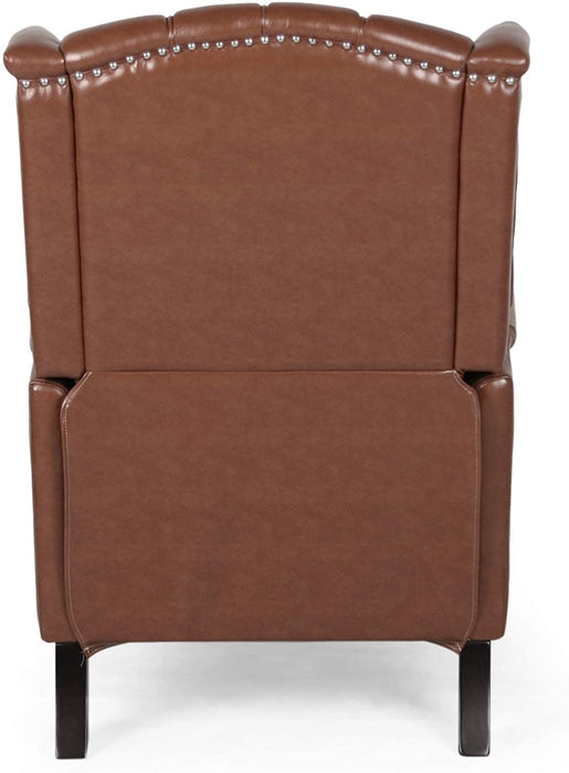 Contemporary Wide Tufted Recyliner Wooden Chair , Cognac Brown, Dark Brown