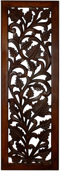 Mango Wood Wall Panel Hand Crafted with Leaves and Scroll Work Motif, Rectangle, Brown