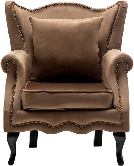 Modern Armchair with Pillow, Retro Button Tufted Upholstered Lounge Seat, Comfy Wooden Frame Reading Chair for Living Room, Bedroom, Brown