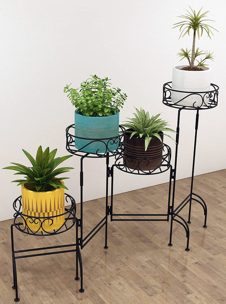 4 Tier Metal Plant Stand, Foldable Flower Pot Holder for Room, Rustproof Potted Storage Shelf Rack- Black (Upgrade Black)