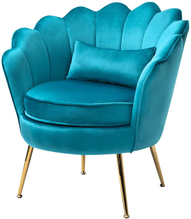 Azure Blue Velvet Chair with Lumbar Pillow for Bedroom, Accent Chair Mid Century Modern Vanity Chair for Living Room, Fabric Upholstered Arm Chair Guest Chair with Golden Metal Legs