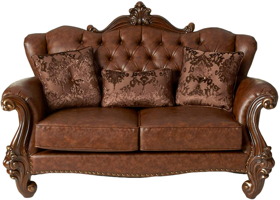 Versailles Loveseat w/3 Pillows Tone Light Brown PU & Cherry