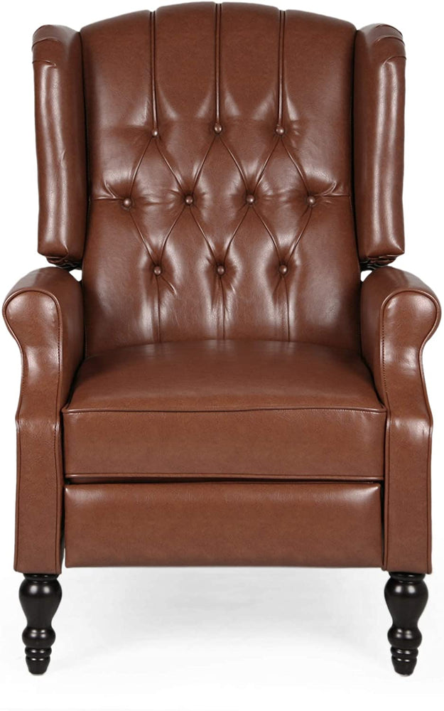 Contemporary Wide Tufted Recyliner Wooden Chair , Cognac Brown, Dark Brown