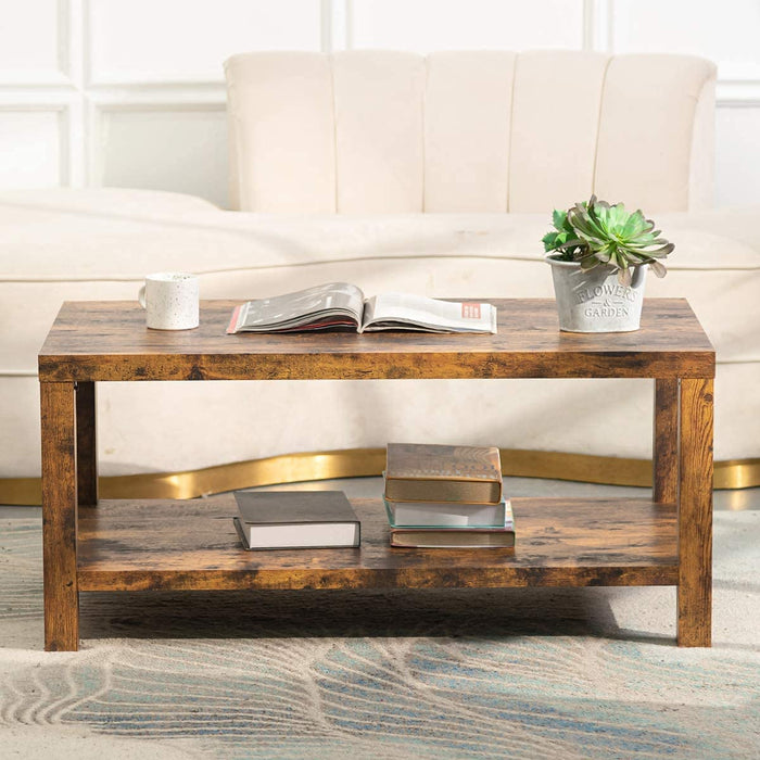 Rustic Farmhouse Coffee Table, Living Room Table with Storage Shelf, Two-Tier Coffee Table for Living Room