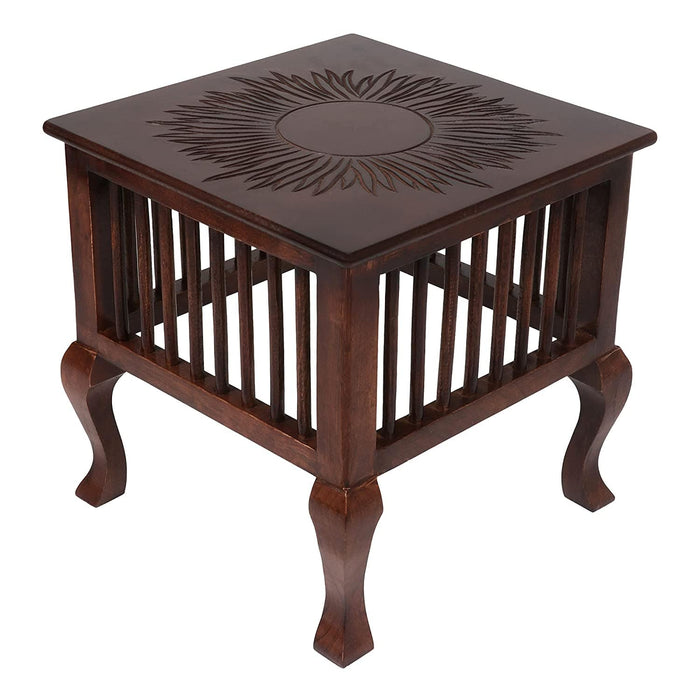 Mango Wood Walnut Finish Handmade Carving Classic Side Table for Living Room (Brown)