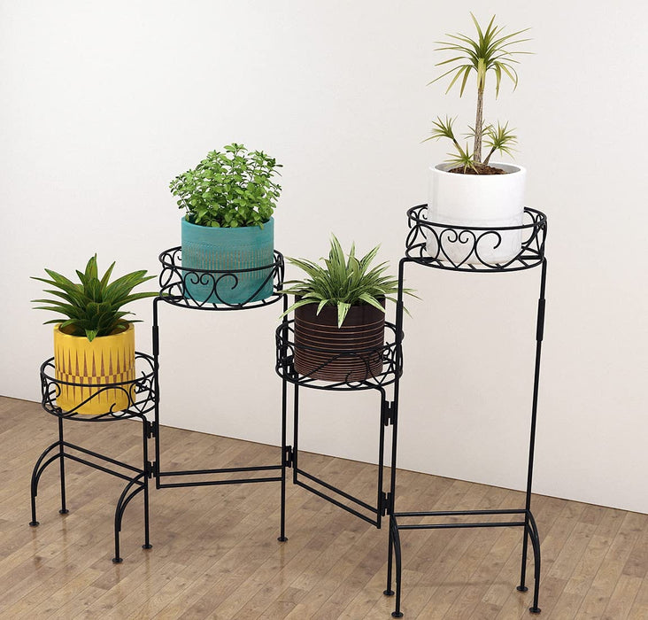 4 Tier Metal Plant Stand, Foldable Flower Pot Holder for Room, Rustproof Potted Storage Shelf Rack- Black (Upgrade Black)