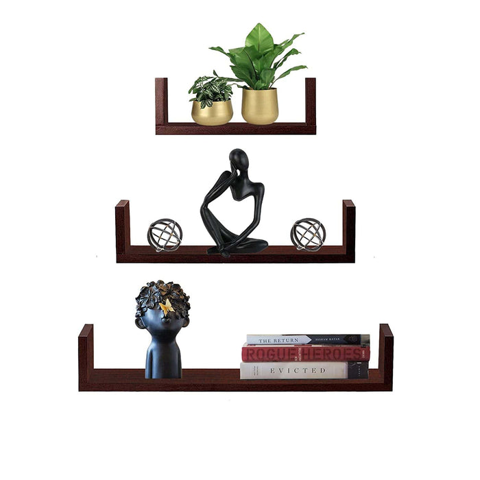 U Shaped Wall Shelf For Living Room Stylish | Wooden Floating Wall Shelves | Storage Racks Organizer and Book Shelves (Set of 3, Mahogany Finish)