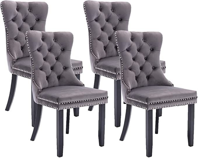 Velvet Upholstered Dining Chairs Set of 4, High-end Tufted Wingback Dining Side Chair with Nailhead Back Ring Pull Trim Solid Wood Legs, Contemporary Nikki Collection Modern Style for Kitchen