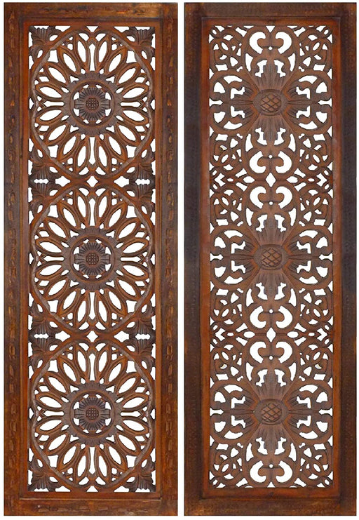 2 Piece Mango Wood Wall Panel Set with Mendallion Carving, Rectangle, Burnt Brown