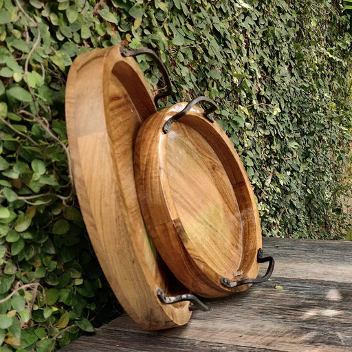 MODERN SERVING TRAY SET OF 2 WITH IRON HANDLE || ACACIA WOOD || WATER PROOF